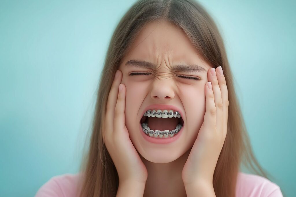 A young girl with a broken braces bracket.